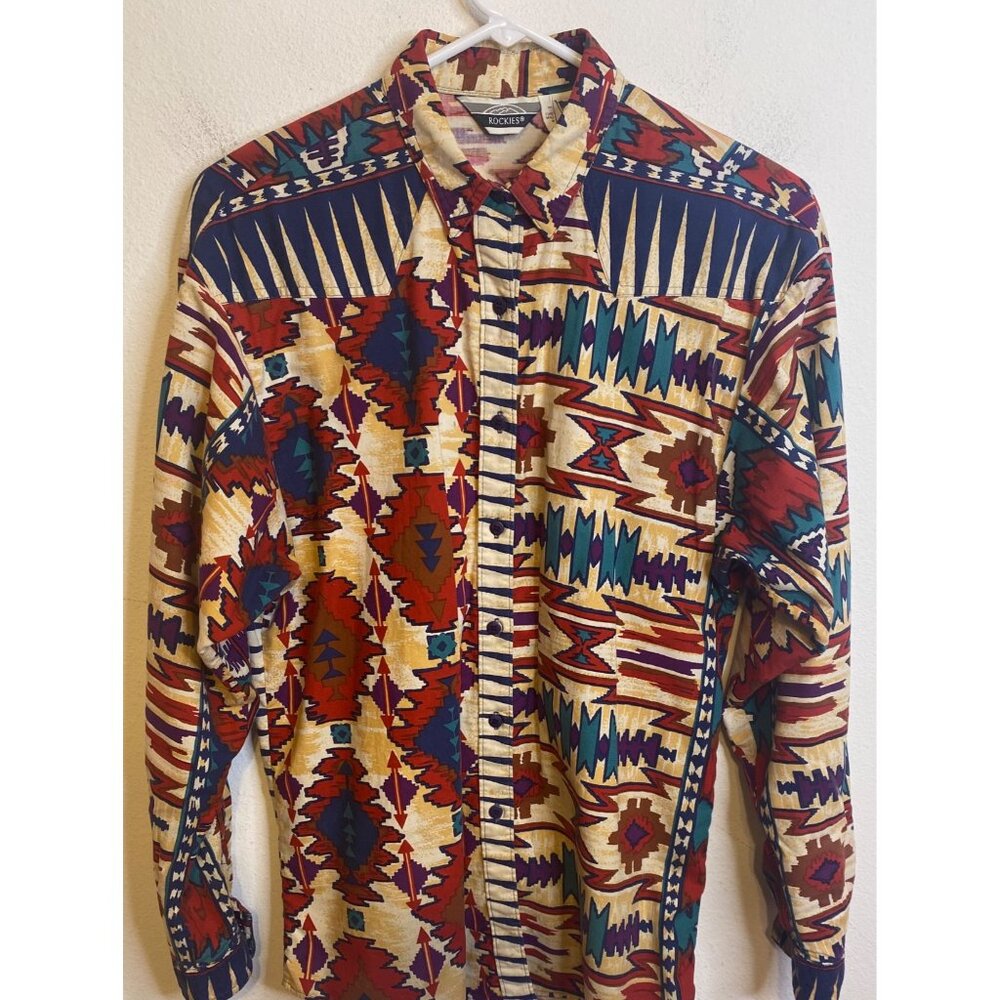 Vintage ROCKIES Button Long Sleeve Brushpopper Shirt Aztec Southwest MEDIUM